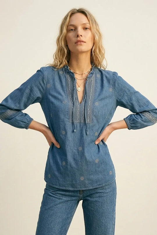 Embroidered Denim Tunic with Ruffle Neck &amp; Tie Front - Shirts