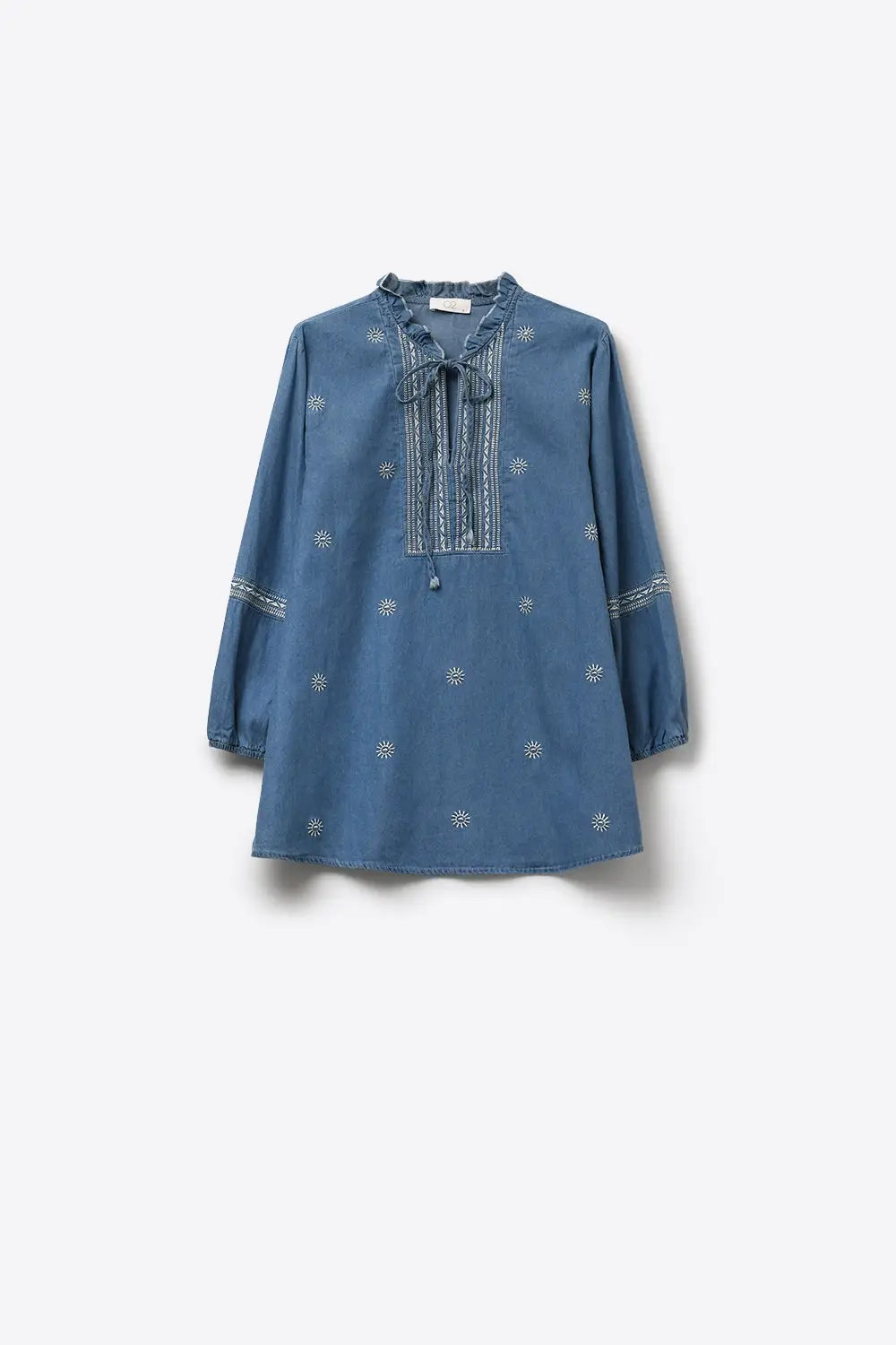 Embroidered Denim Tunic with Ruffle Neck &amp; Tie Front - Shirts