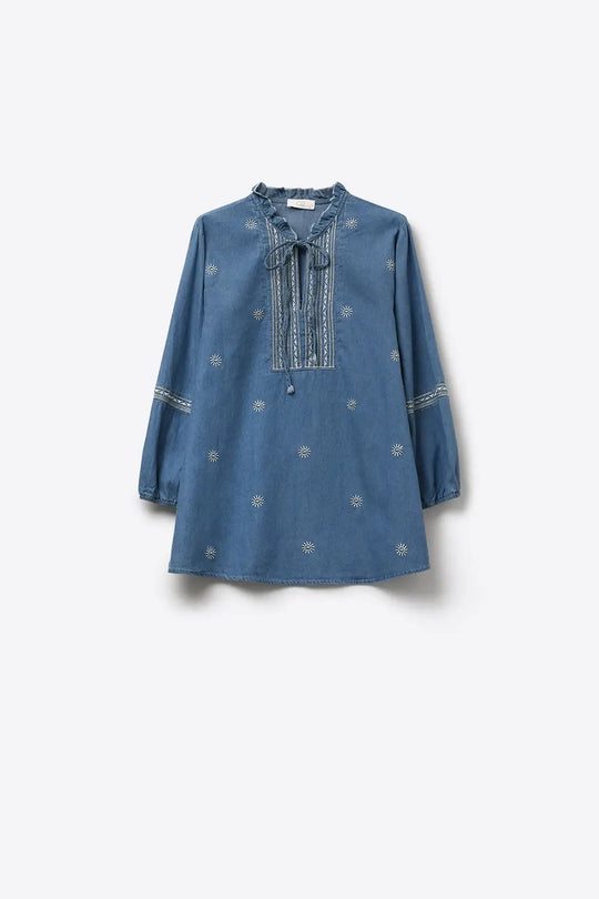 Embroidered Denim Tunic with Ruffle Neck &amp; Tie Front - Shirts
