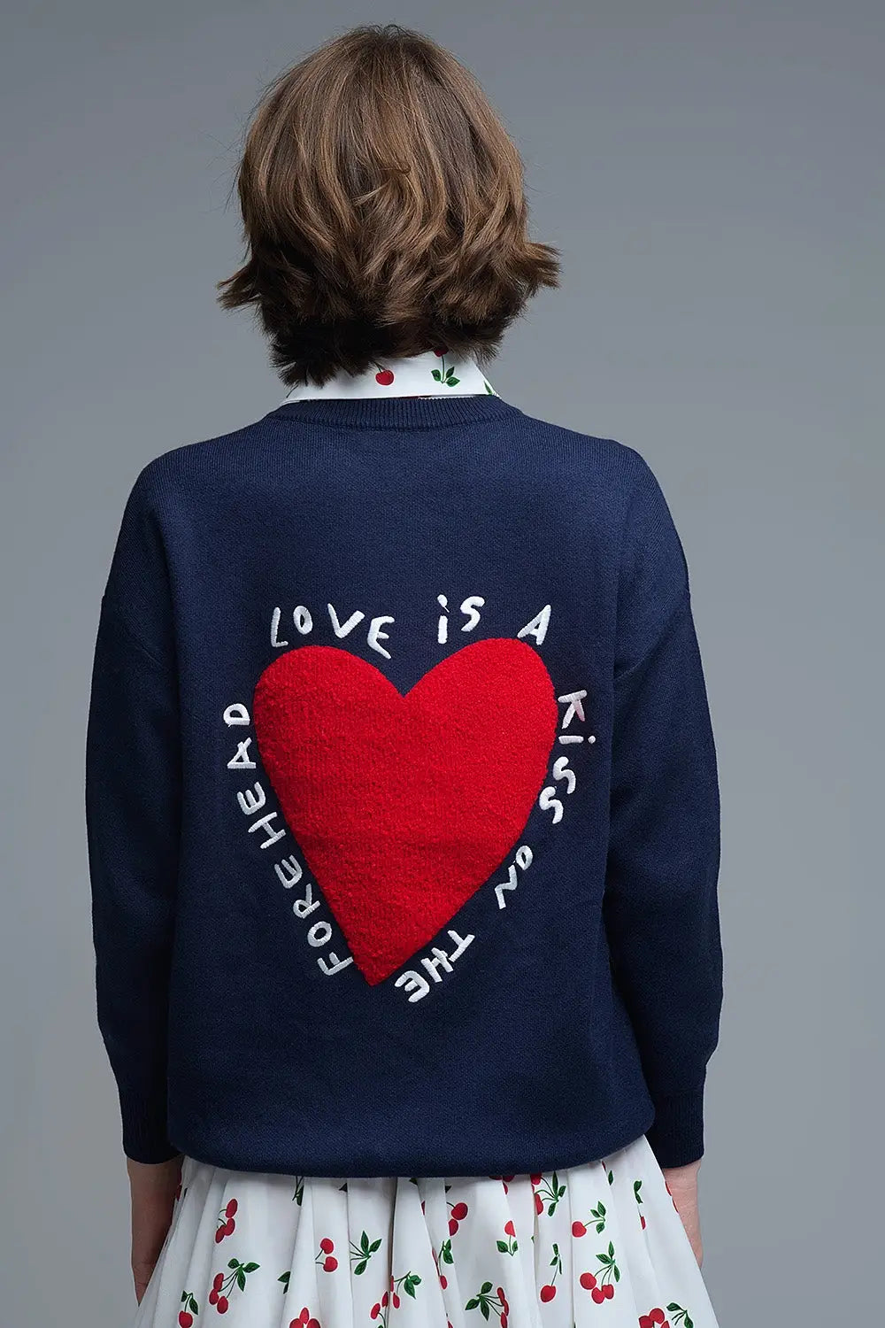 Embroidered Heart knitted jumper With Text in Navy - One Size / Blue - Sweaters