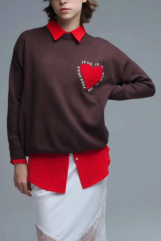 Embroidered Heart knitted Sweatshirt With Text in Brown One Size / Brown Sweaters