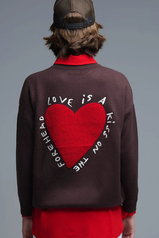 Embroidered Heart knitted Sweatshirt With Text in Brown One Size / Brown Sweaters