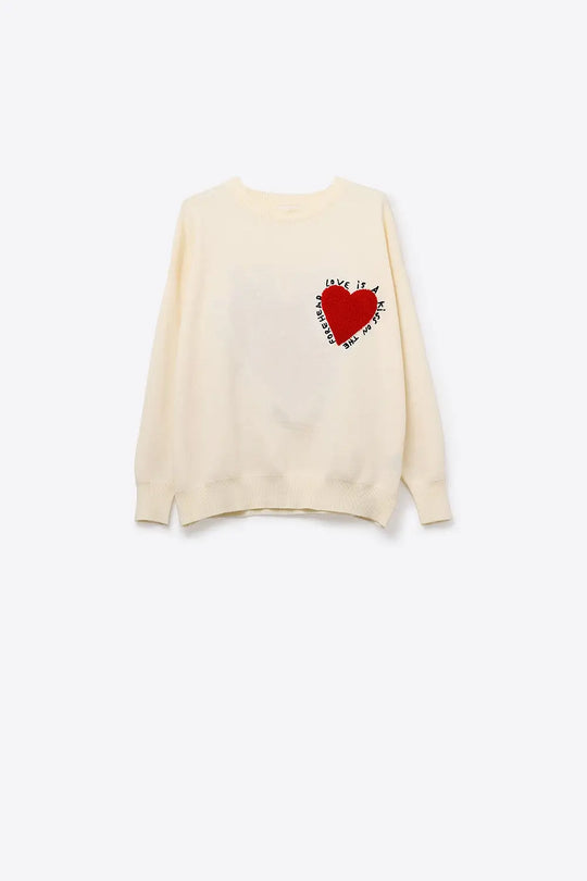 Embroidered Heart knitted Sweatshirt With Text in Cream - One Size / White - Sweaters