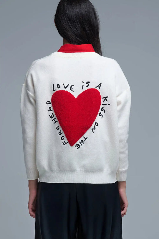 Embroidered Heart knitted Sweatshirt With Text in Cream - One Size / White - Sweaters