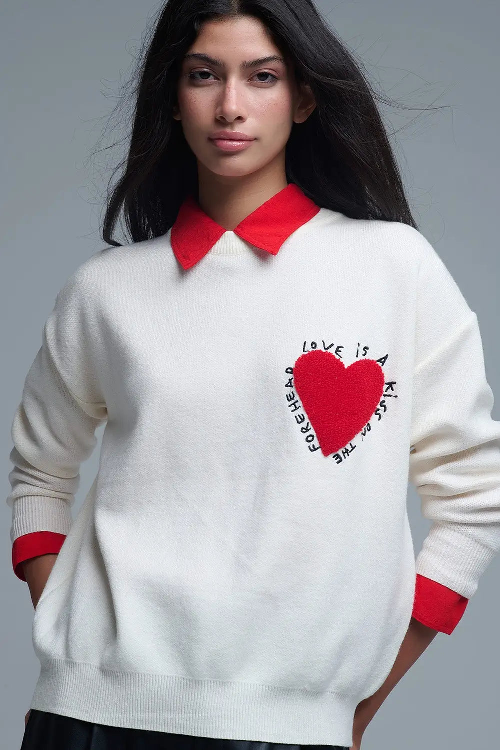 Q2 Embroidered Heart knitted Sweatshirt With Text in Cream