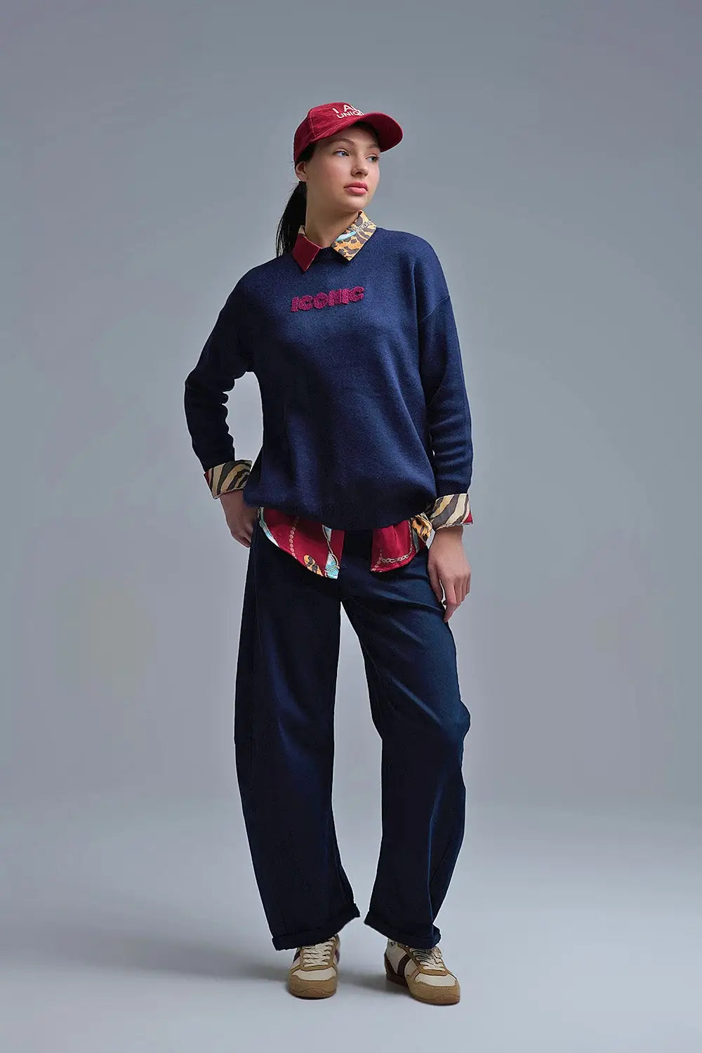 Embroidered ICONIC Sweater with Global Tour Back Print in Navy - One Size / Blue - Sweaters