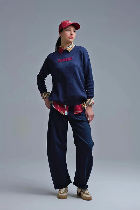 Embroidered ICONIC Sweater with Global Tour Back Print in Navy - One Size / Blue - Sweaters