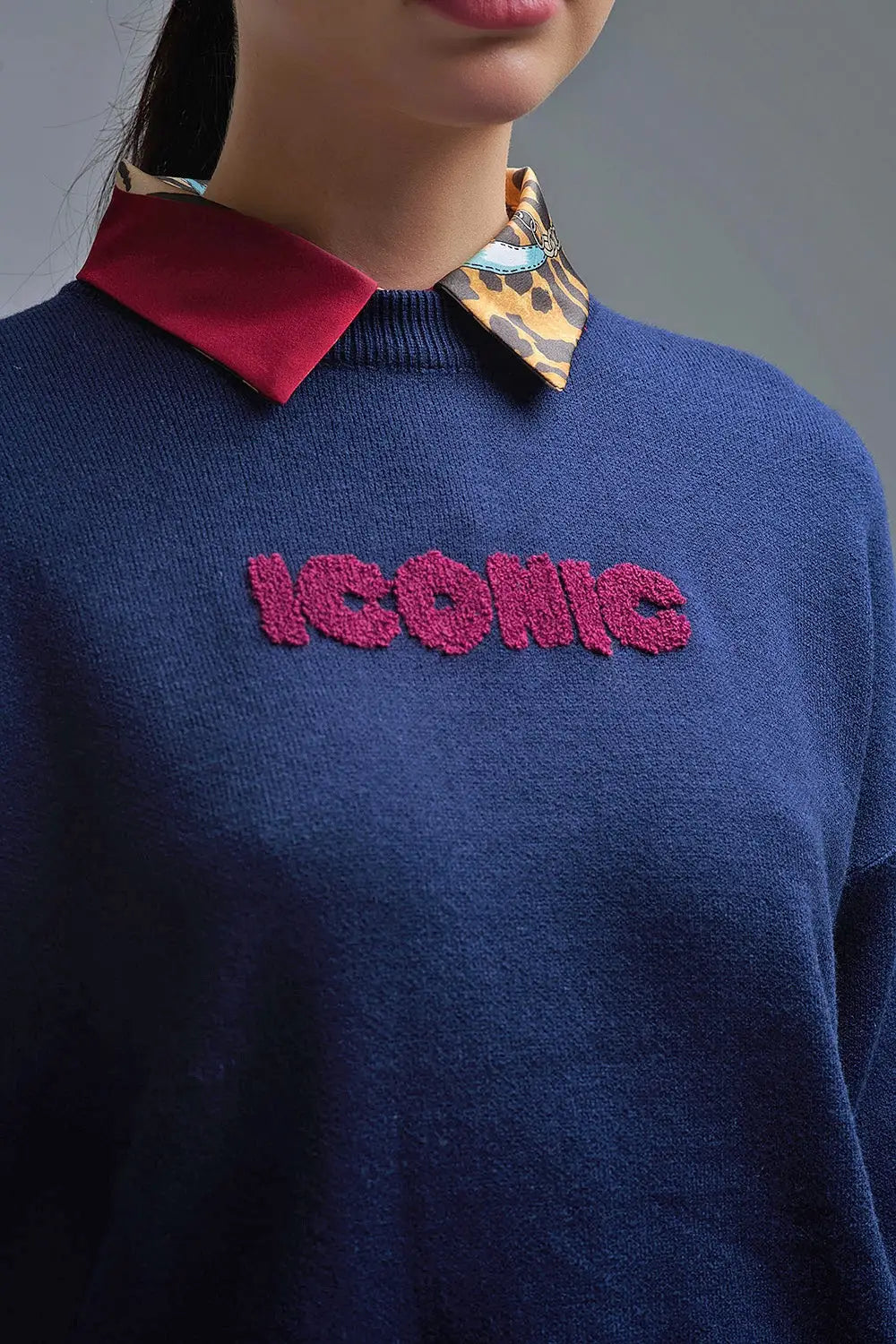 Embroidered ICONIC Sweater with Global Tour Back Print in Navy - One Size / Blue - Sweaters