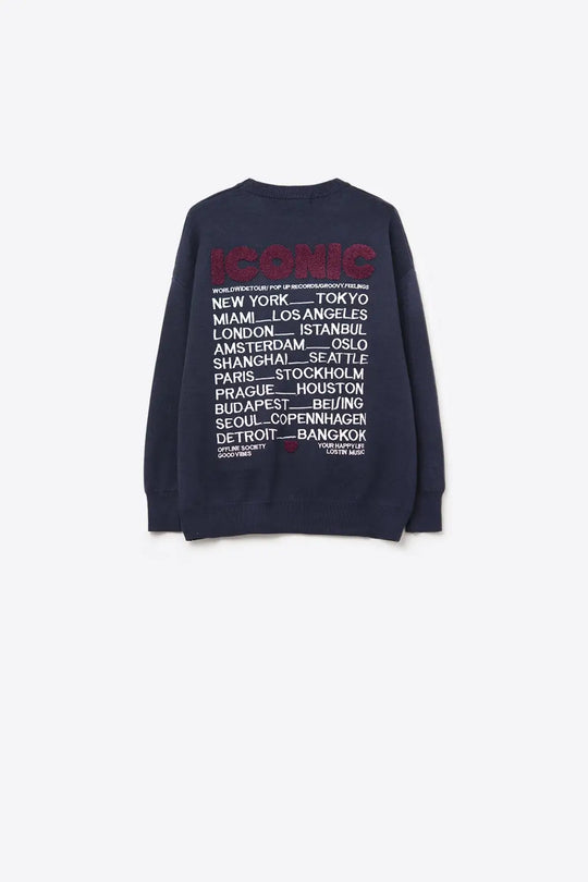Embroidered ICONIC Sweater with Global Tour Back Print in Navy - One Size / Blue - Sweaters