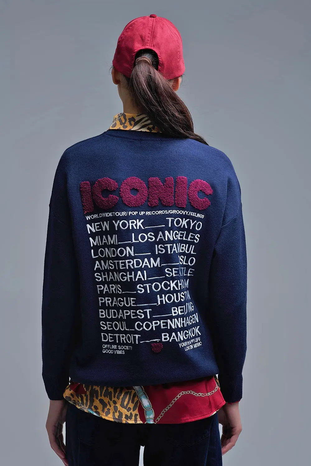 Embroidered ICONIC Sweater with Global Tour Back Print in Navy - One Size / Blue - Sweaters