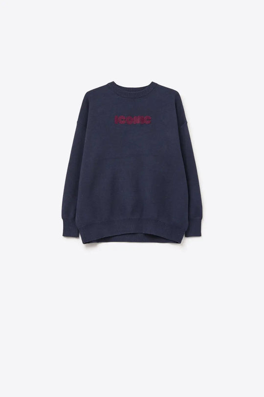Embroidered ICONIC Sweater with Global Tour Back Print in Navy - One Size / Blue - Sweaters