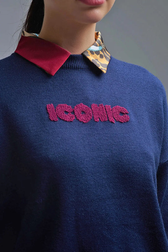 Embroidered ICONIC Sweater with Global Tour Back Print in Navy - One Size / Blue - Sweaters