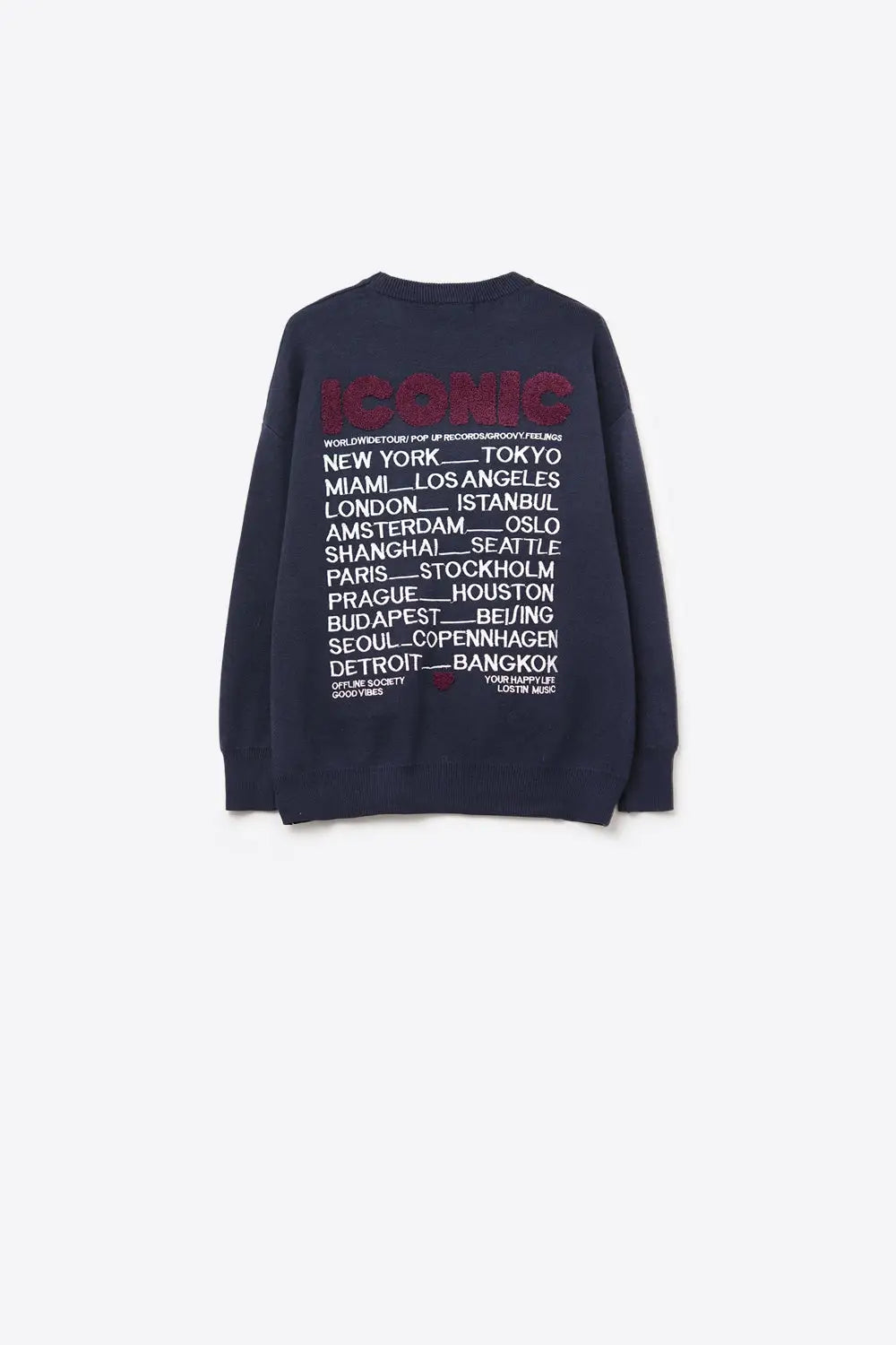 Embroidered ICONIC Sweater with Global Tour Back Print in Navy - One Size / Blue - Sweaters