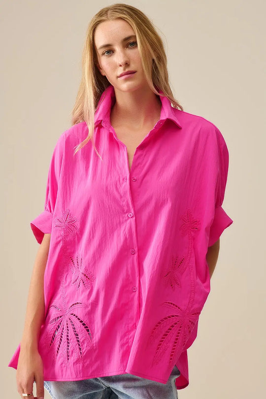 Embroidered Palm trees Fuchsia Oversized Shirt - One Size / Fuchsia - Shirts
