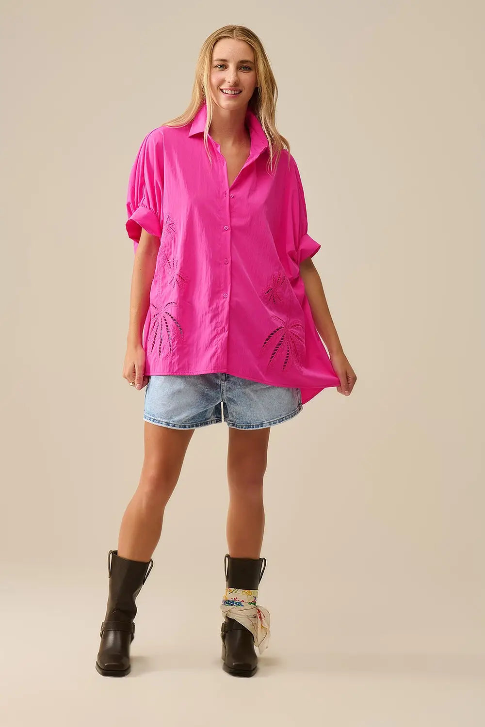Embroidered Palm trees Fuchsia Oversized Shirt - One Size / Fuchsia - Shirts