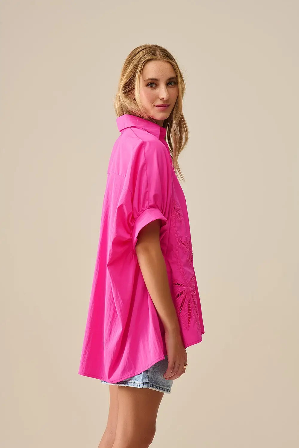 Embroidered Palm trees Fuchsia Oversized Shirt - One Size / Fuchsia - Shirts