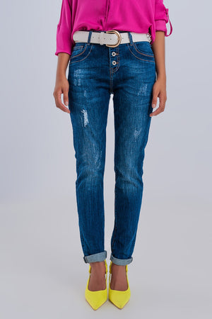 Q2 Exposed button ripped boyfriend jean in dark blue