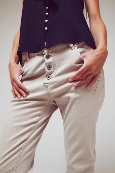 Exposed buttons skinny jeans in beige - Jeans