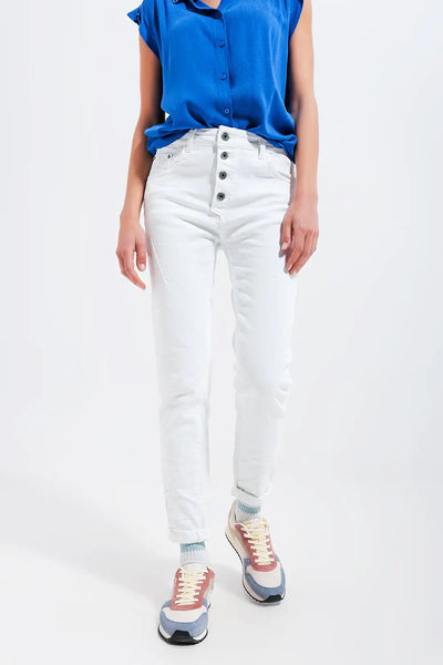 Exposed buttons skinny jeans in white - Jeans