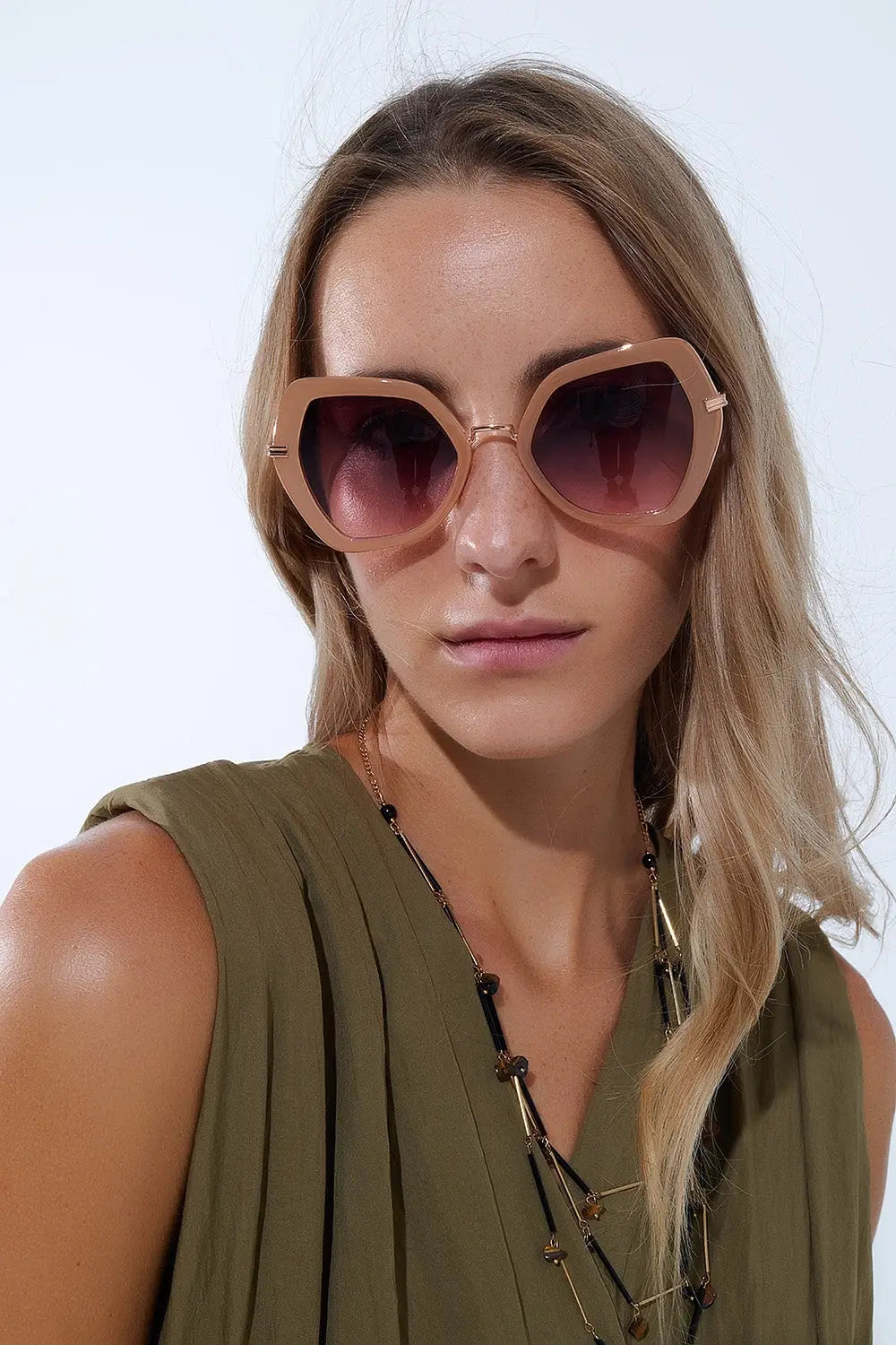 Q2 Extra Large Hexagonal Cat Eye Sunglasses in Beige