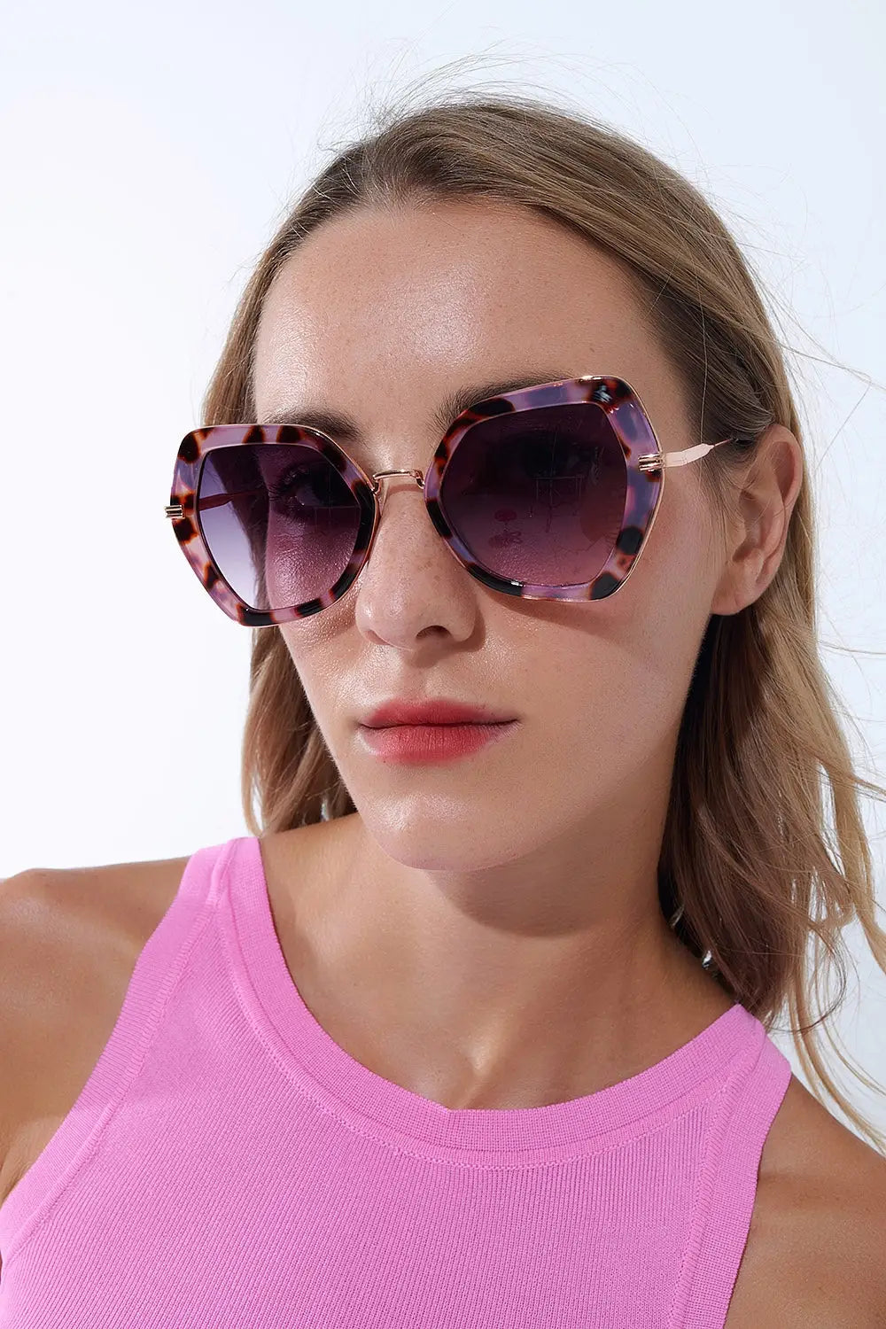 Q2 Extra Large Hexagonal Cat Eye Sunglasses in Purple Tortoiseshell