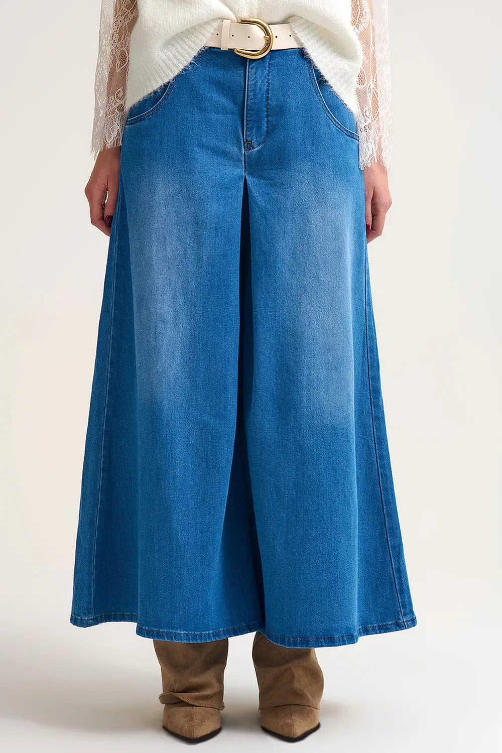 Q2 Extra Wide Leg Denim Skort with Front Pleat