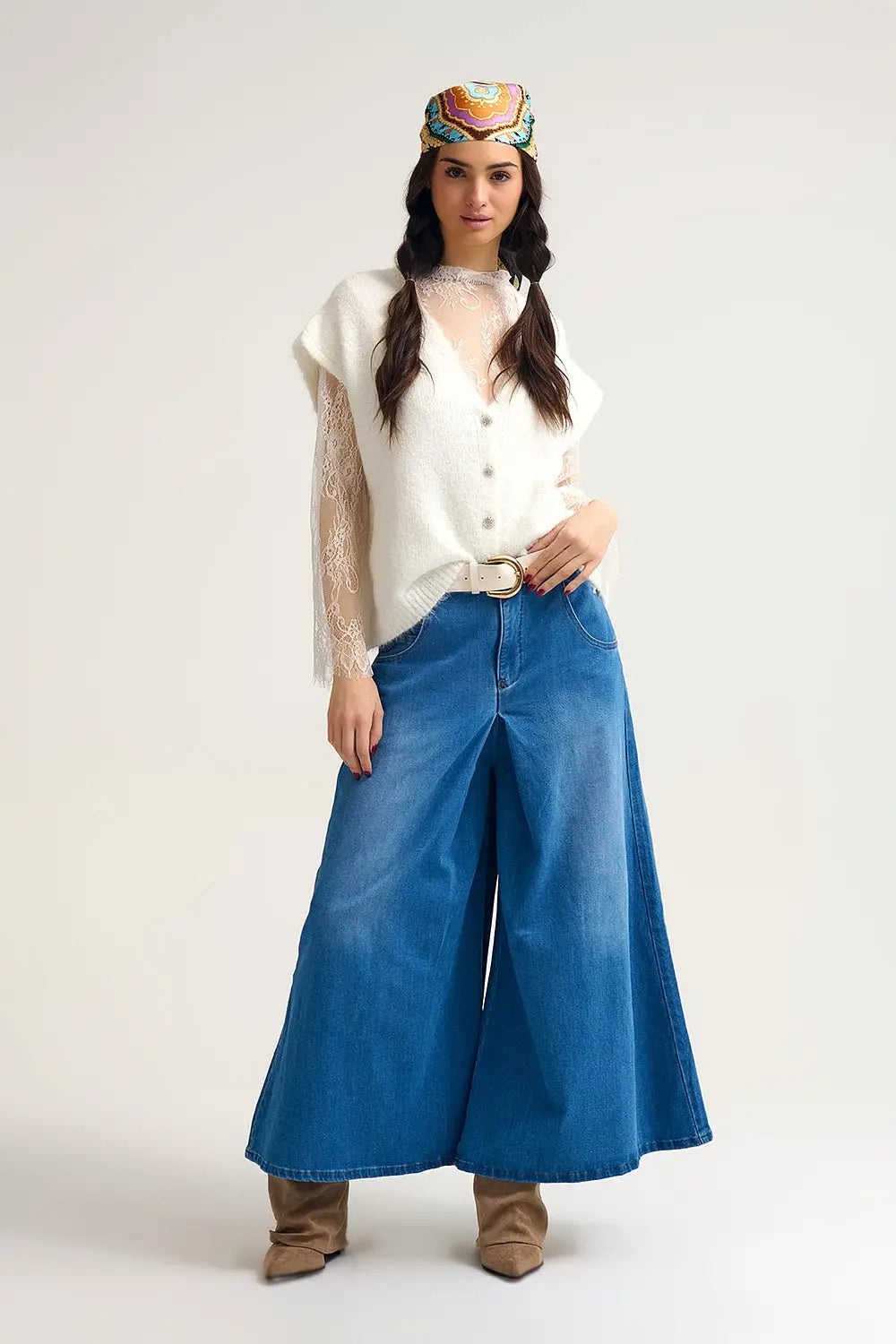 Extra Wide Leg Denim Skort with Front Pleat - Jeans
