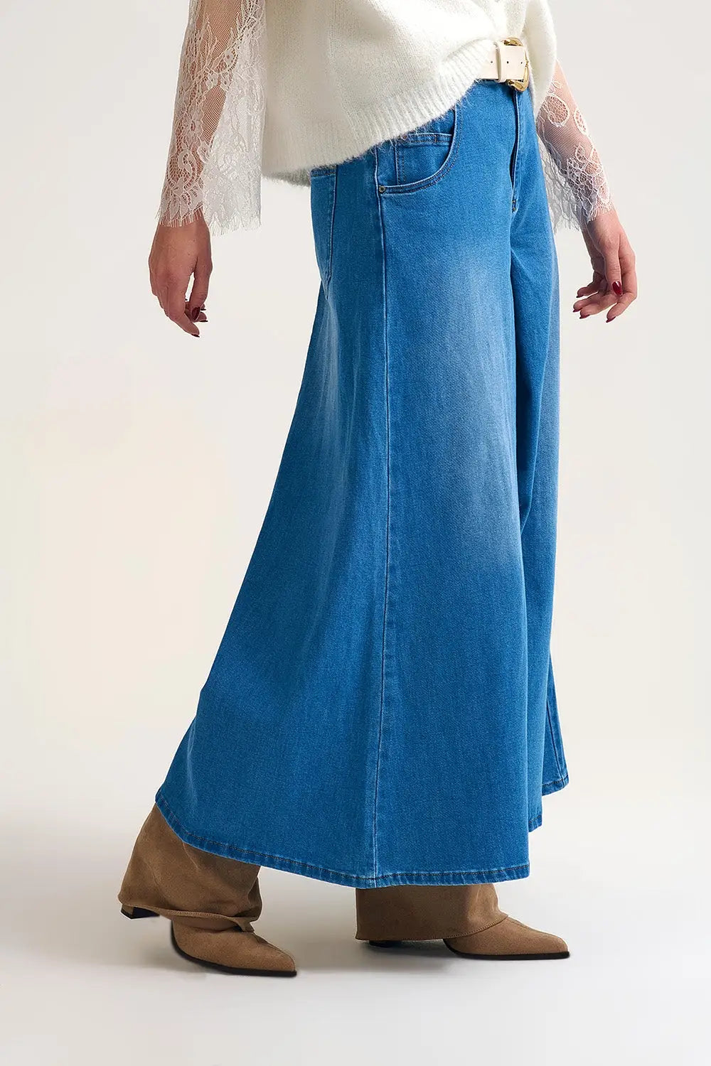 Extra Wide Leg Denim Skort with Front Pleat - Jeans