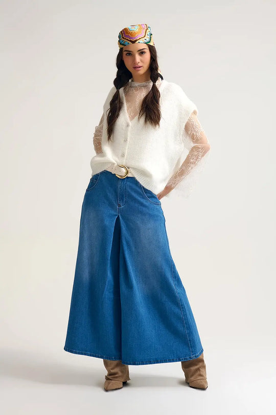 Extra Wide Leg Denim Skort with Front Pleat - Jeans