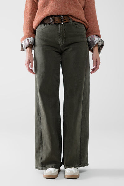 Q2 Extra wide leg Pants in olive green color