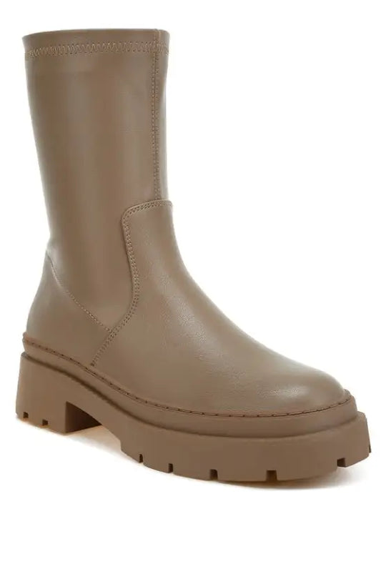 Chunky Faux Leather Calf Boots *More Colors - Taupe / US-5 / UK-3 / EU-36 - Shoes