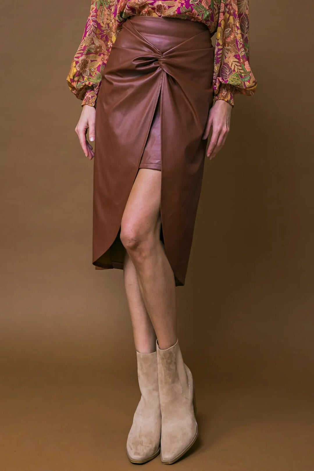 CHOOSE US LEATHER MIDI SKIRT - BROWN / S - SKIRTS