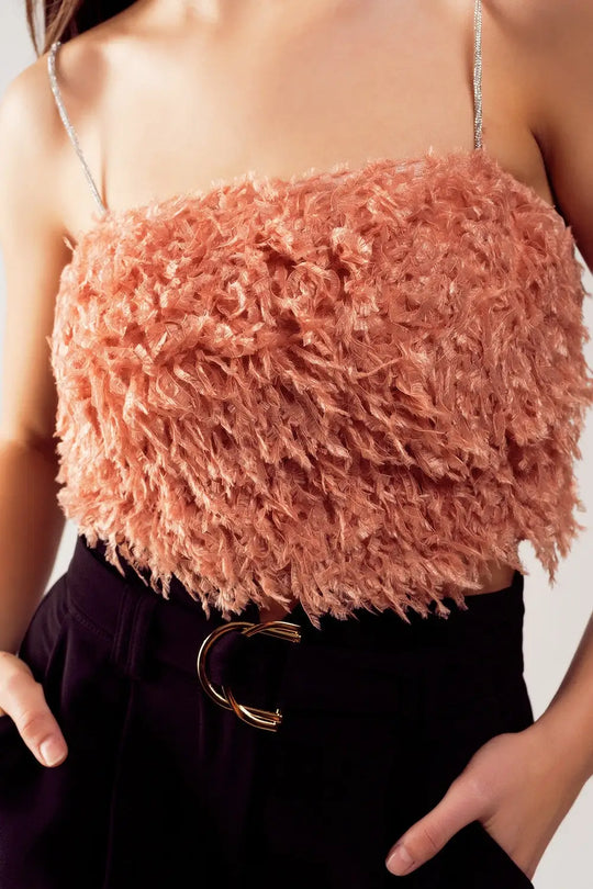 Faux feather crop cami in pink - Tops