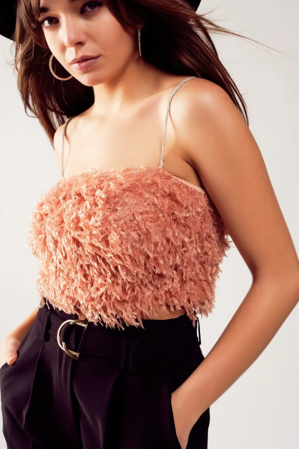 Faux feather crop cami in pink - Tops