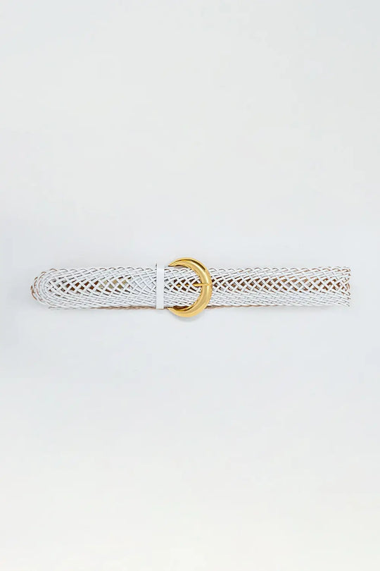 Q2 Faux Leather Braided Belt with Gold Buckle in White