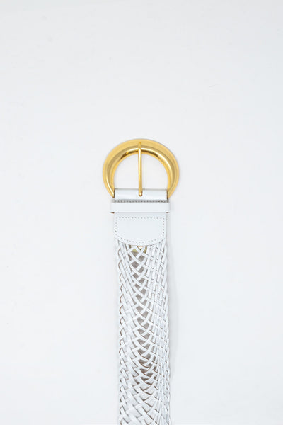 Faux Leather Braided Belt with Gold Buckle in White