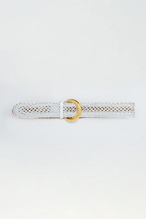 Q2 Faux Leather Braided Belt with Gold Buckle in White