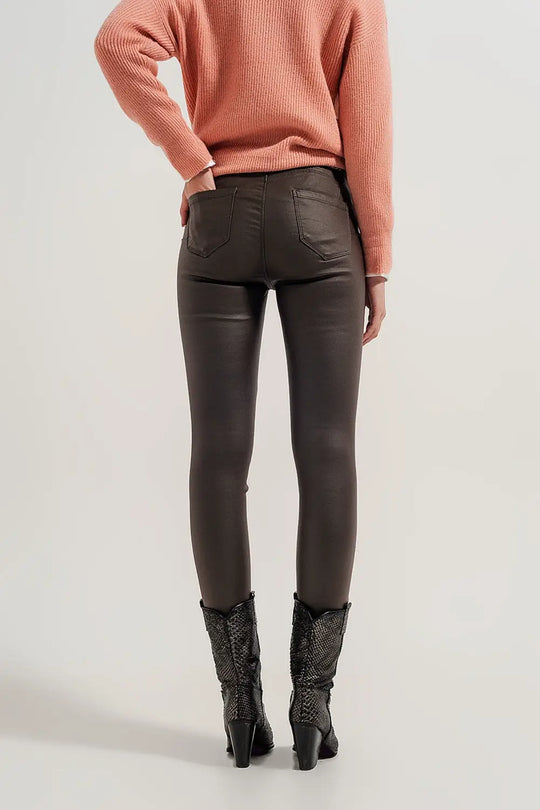 Faux leather high waisted split zip hem pants in khaki - Pants