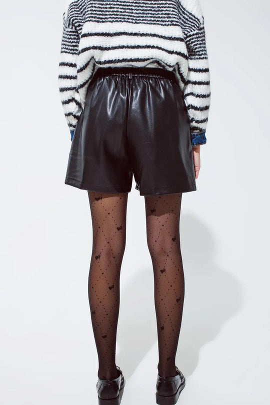 Faux leather oversized shorts with pleat down the front and pockets in black - Pants