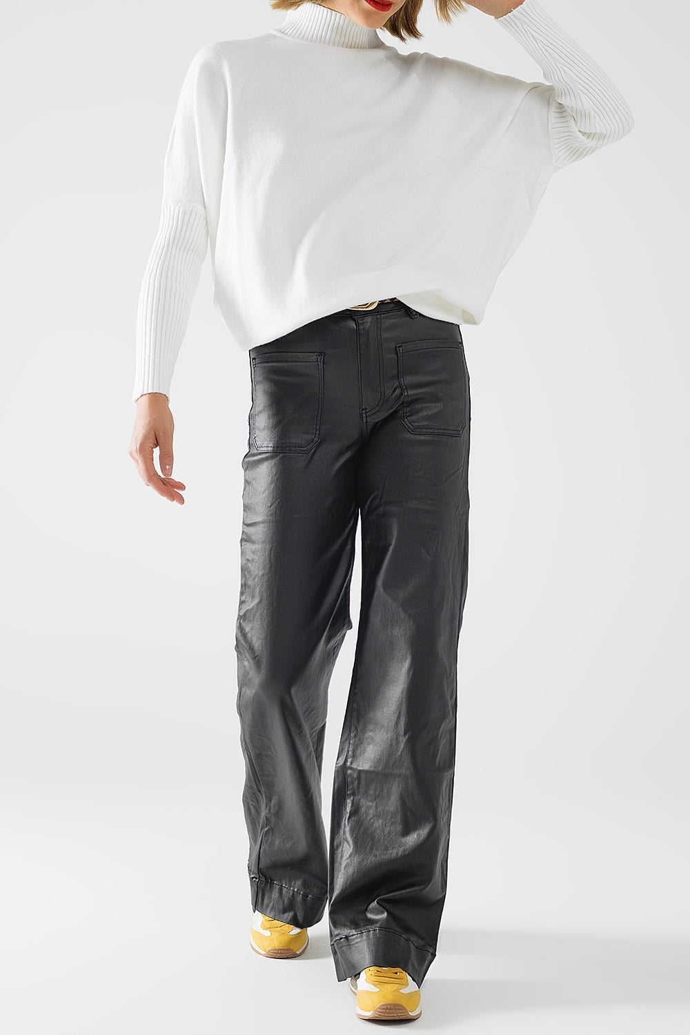 Faux leather pants with wide leg and pocket detail