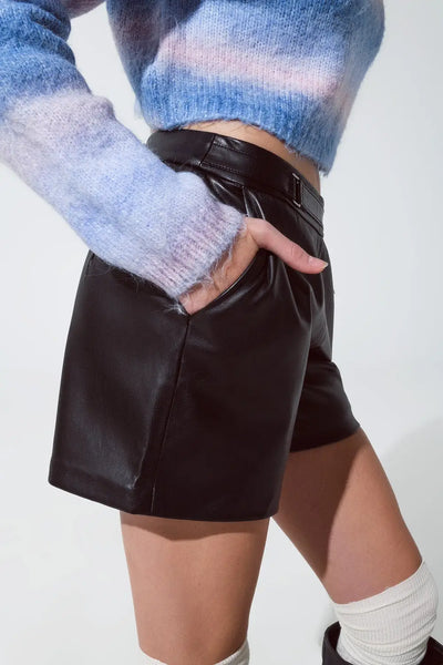 Faux Leather Short Shorts With Waist Detail - Pants
