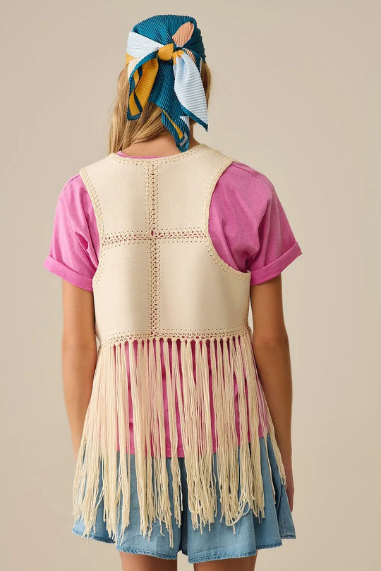 Faux leather vest with patchwork and fringe detail - One Size / White - Coats and Jackets