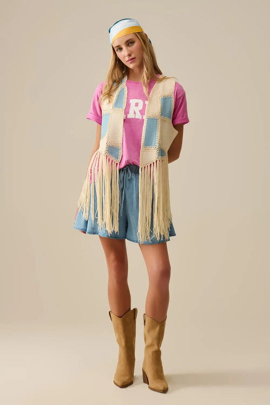 Faux leather vest with patchwork and fringe detail - One Size / White - Coats and Jackets