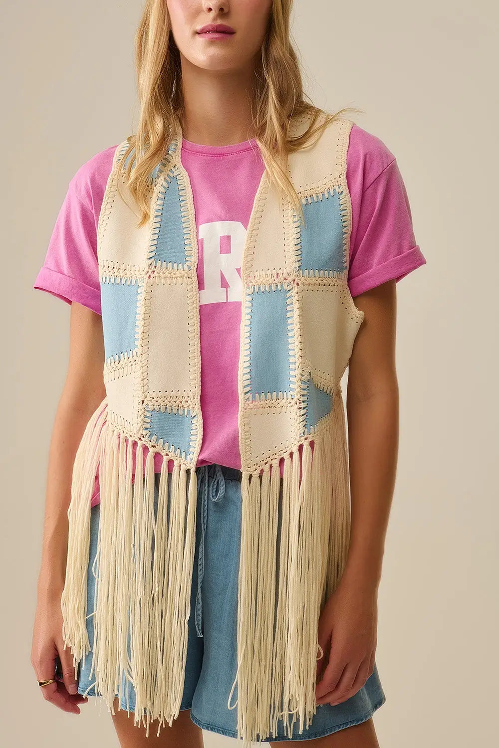 Faux leather vest with patchwork and fringe detail - One Size / White - Coats and Jackets
