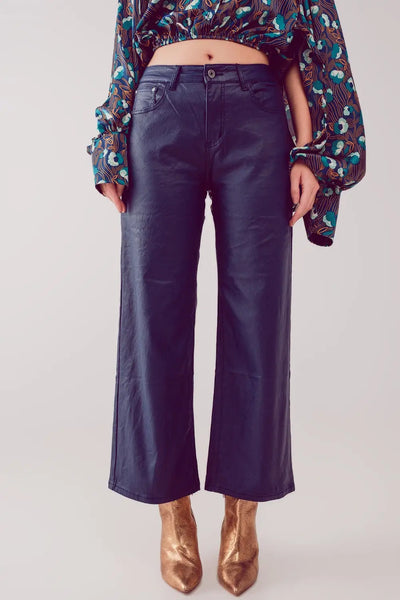 Faux leather wide leg pants in blue - Pants