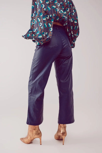 Faux leather wide leg pants in blue - Pants