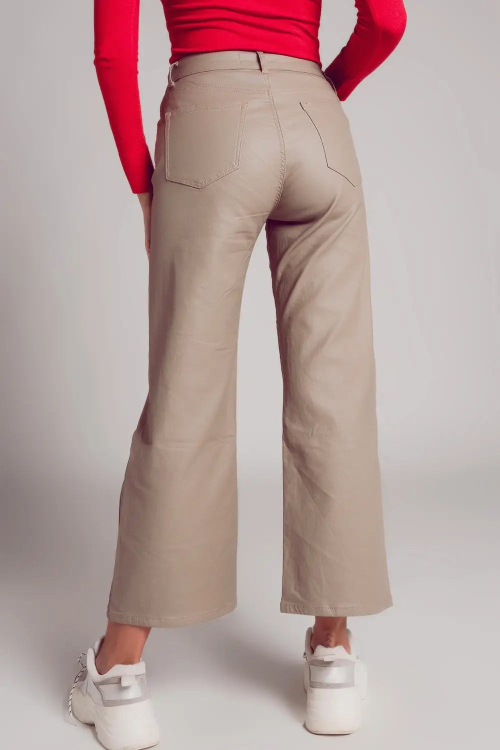 Faux leather wide leg trouser in beige - Pants