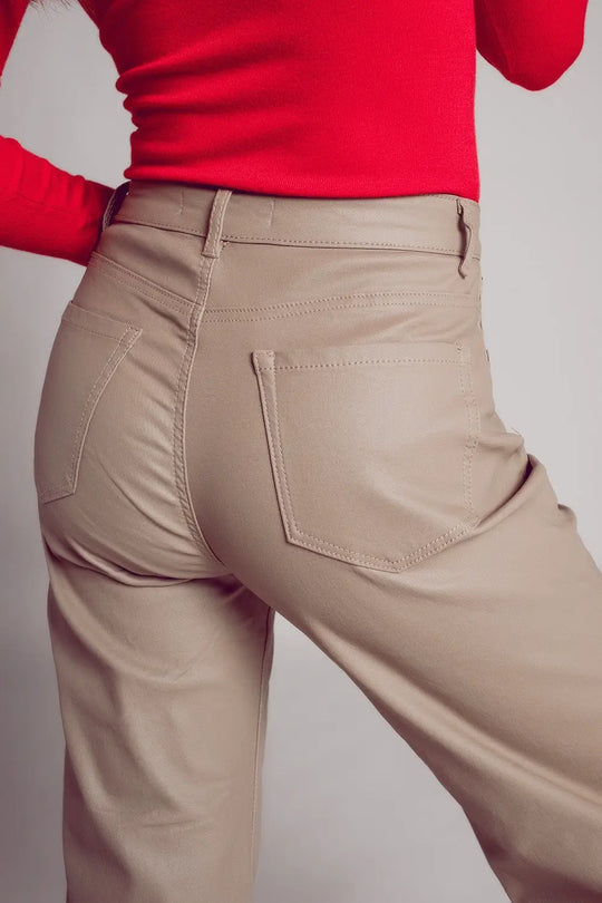 Faux leather wide leg trouser in beige - Pants
