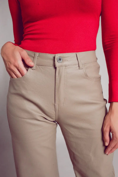 Faux leather wide leg trouser in beige - Pants