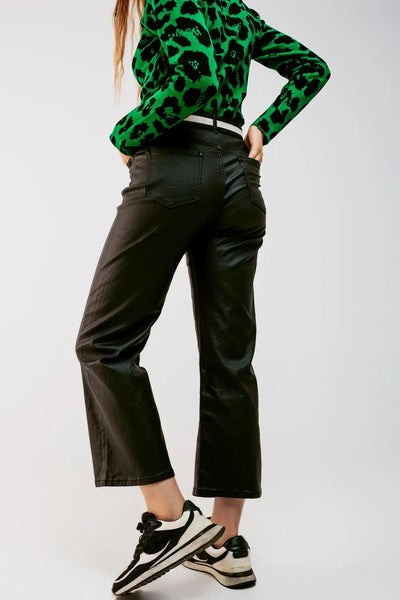 Faux leather wide leg trouser in black - Pants